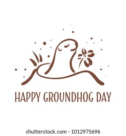 Happy groundhog day card. Holiday winter and spring banner rodent february woodchuck cute shadow cartoon vector illustration, hole fun. Character animal mammal