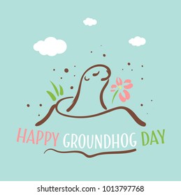 Happy groundhog day card. Holiday winter and spring banner rodent february spring flower snowdrop clouds woodchuck cute cartoon vector illustration, hole fun. Character animal mammal.