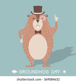 Happy Groundhog day card illustration with marmot in cylinder