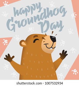 Happy Groundhog Day card. Lettering text. Vector illustration.