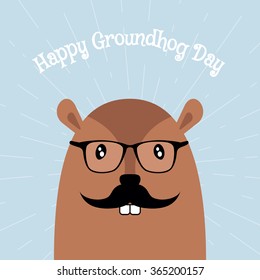 Happy Groundhog Day Card. Vector background with cute hipster character
