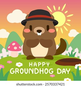 Happy Groundhog Day with Cartoon Groundhog in a Hat. Adorable cartoon illustration of a groundhog wearing a hat, surrounded by flowers, grass, and sunshine.