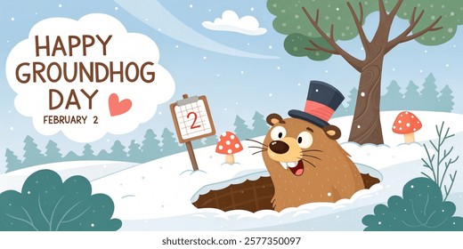 Happy Groundhog Day. Cartoon Illustration. February 2. Vector illustration. Vector illustration