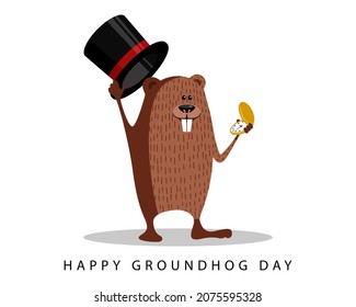 Happy groundhog day celebration. Funny vector cartoon illustration with marmot.