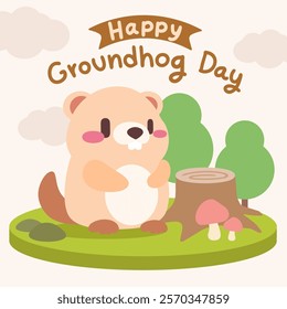 Happy Groundhog Day Celebration in Kawaii Style. Adorable illustration celebrates Groundhog Day with a cheerful groundhog in a natural woodland setting.