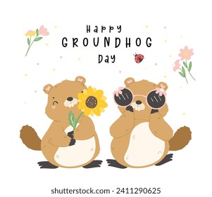 Happy groundhog day with cheerful cartoon groundhogs  celebrating early spring idea for making it perfect for greeting cards and spreading positive vibes on February 2nd.