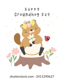 happy groundhog day with cheerful cartoon groundhog holding spring flowers.