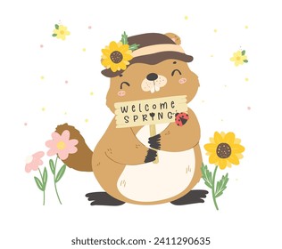 happy groundhog day with cheerful cartoon groundhog holding spring sign.