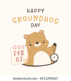 Happy groundhog day with cheerful cartoon groundhog holding calendar Feb 2 and clock.