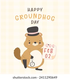 Happy groundhog day with cheerful cartoon groundhog holding calendar Feb 2 and clock.