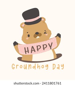 Happy groundhog day with cheerful cartoon groundhog hodling banner.