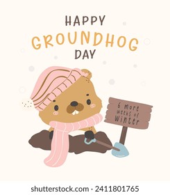 Happy groundhog day with cheerful cartoon groundhog holding shovel and sign 6 more week of winter.