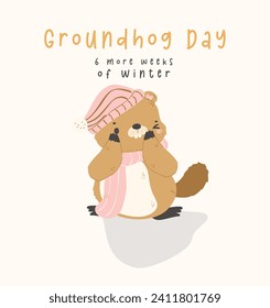 Happy groundhog day with cheerful cartoon groundhog see its shadow, 6 more weeks of winter.