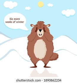 Happy Groundhog Day. The groundhog closes its eyes, startled by its shadow. Vector illustration.