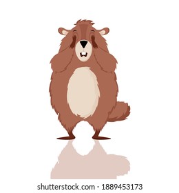 Happy Groundhog Day. The groundhog closes his eyes, frightened by his shadow. Vector illustration isolated on a white background.