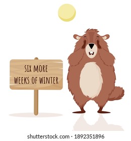 Happy Groundhog Day. The groundhog closes his eyes, startled by his shadow. Vector illustration isolated on a white background.