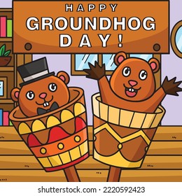 Happy Groundhog Day Colored Cartoon Illustration