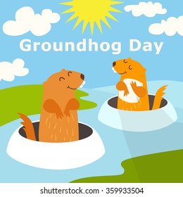 Happy Groundhog Day. Colored funny vector illustration with text. Two groundhog peeking out of a hole in the ground