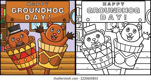 Happy Groundhog Day Coloring Page Illustration