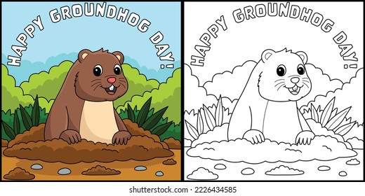 Happy Groundhog Day Coloring Page Illustration