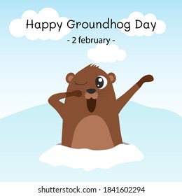 Happy groundhog day. Groundhog coming out of its burrow and yawning. Vector cartoon illustration. Groundhog character. Isolated object.