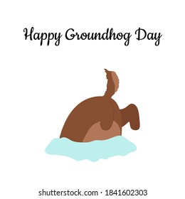 Happy groundhog day. Groundhog coming out of its burrow. Vector cartoon illustration. Groundhog character. Isolated object.