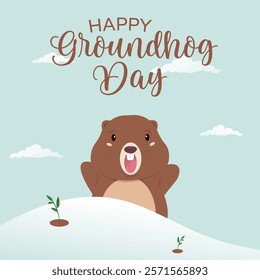 Happy Groundhog Day. Cute animal emerging behind snow. Modern vector illustration with text, sky, clouds.