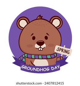 Happy Groundhog Day. Cute Cartoon Groundhog. Vector illustration.