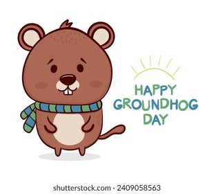 Happy Groundhog Day. Cute Cartoon Groundhog. Vector illustration.