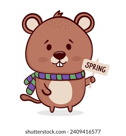 Happy Groundhog Day. Cute Cartoon Groundhog. Vector illustration.