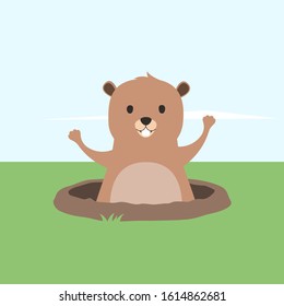 Happy Groundhog Day. A cute Groundhog character looks out of a mink on the lawn. Vector illustration