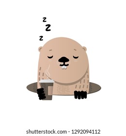 Happy Groundhog Day. Cute groundhog with coffee popping up from his burrow. 