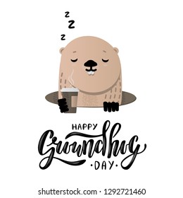 Happy Groundhog Day. Cute groundhog with coffee popping up from his burrow.