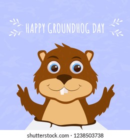 Happy Groundhog Day. Cute marmot predicts the weather. Design of greetind card. Vector cartoon illustration.