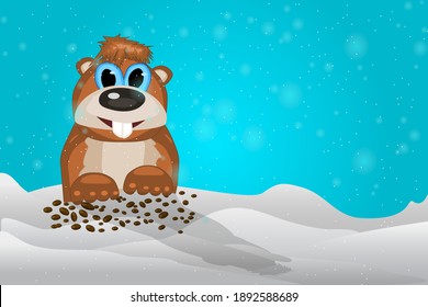 Alles Gute zum Erdbeben. Der süße Marmot-Charakter wirft Schatten. Groundhog-Tagesbanner, Grußkarte oder Werbeplakat mit süßem Erdhund und Kopienraum. Vorhersage des Wetters.Stock-Vektorgrafik