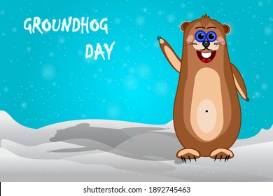 Alles Gute zum Erdbeben. Der süße Marmot-Charakter wirft Schatten. Groundhog-Tagesbanner, Grußkarte oder Werbeplakat mit süßem Erdhund und Kopienraum. Vorhersage des Wetters.Stock-Vektorgrafik