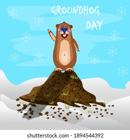 Feliz día del manicomio. El personaje de la marmota cúpula ensombrece. Pancarta del día de la manada, tarjeta de saludo o afiche publicitario con tierno y espacio para copiar. Pronóstico de la ilustración del vector weather.Stock