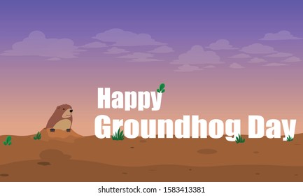 Happy Groundhog Day. Cute groundhog popping up from his burrow, lettering greeting. Vector illustration.