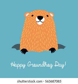 Happy Groundhog Day. Cute Groundhog Popping Up From His Burrow.