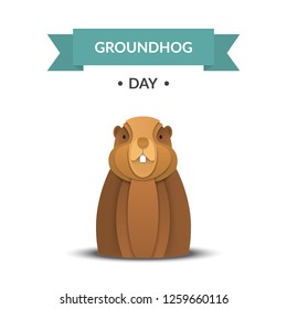 Happy Groundhog Day design card with marmot, sky, clouds,text. Paper cut style. Vector illustration.