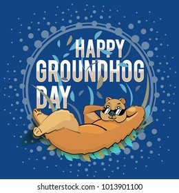 Happy Groundhog Day design with cute groundhog. marmot lies on leaves hand behind head other hand corrects sunglasses