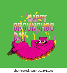 Happy Groundhog Day design with cute groundhog. marmot lies on leaves hand behind head other hand corrects sunglasses