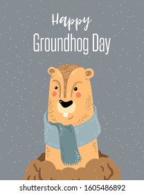 Happy Groundhog Day design with cute groundhog. Scandinavian style for poster, card, flyer, postcard, sticker. Cartoon Groundhog Character with snow background