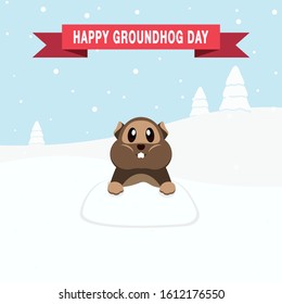 Happy Groundhog Day design with cute groundhog and cold snow
