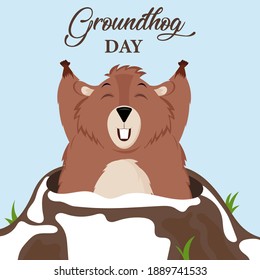 Happy Groundhog Day. Design with a cute groundhog character that pops out of a hole. Vector illustration.