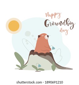 Happy Groundhog Day design with cute groundhog. Congratulations to the end of winter and beginning of spring. Hand written text Groundhog Day. Groundhog shadow