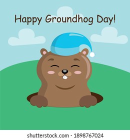 Happy Groundhog Day design with cute groundhog. February 2. Cute vintage card.