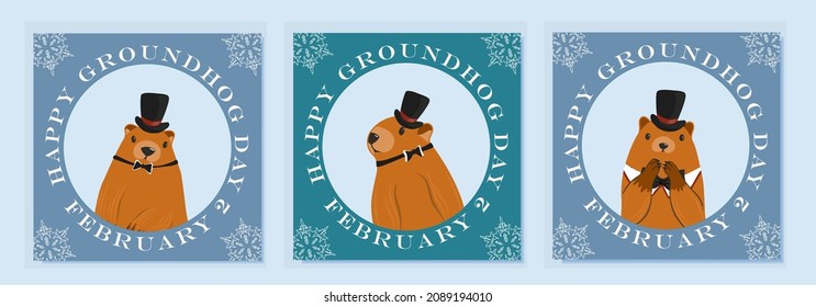 Happy groundhog day design with cute marmots. Marmot or beaver wild animal relax on nature vector illustration. Funny character. set of greeting cards. Vector illustration.