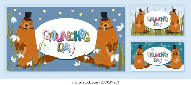 Happy groundhog day design with cute marmots. Marmot or beaver wild animal relax on nature vector illustration. Funny character. set of greeting cards. Vector illustration.