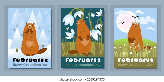 Happy groundhog day design with cute marmots. Marmot or beaver wild animal relax on nature vector illustration. Funny character. set of greeting cards. Vector illustration.